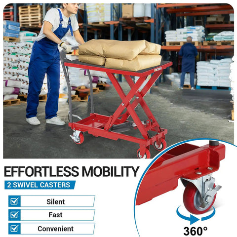 Heavy Duty Hydraulic Lift Table Cart 330 Lbs Capacity 28.5 Inch Height with 2 swivel casters in a workshop.