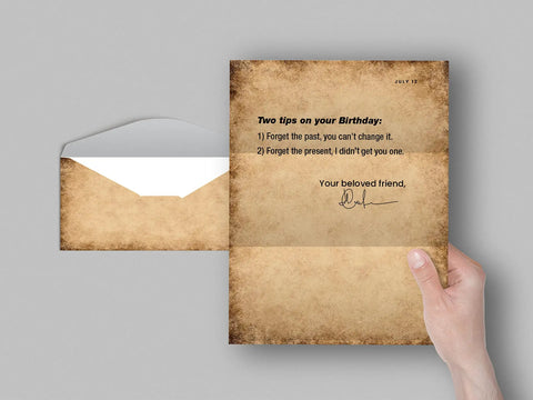 Old School Vintage Aged Parchment Paper Stationery Set with Double Sided Sheets displayed with matching envelope and birthday note.