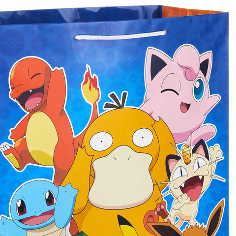 Two Pack Pokemon Gift Bags Bundle featuring blue bag with Charmander, Squirtle, Psyduck, Meowth, and Jigglypuff design for multi-use