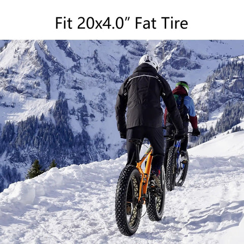 Two bikers on snowy trail using 20X4.0 Bike Inner Tubes with Schrader Valve Butyl Rubber Replacement Tubes for 20 Inch E Bikes Road