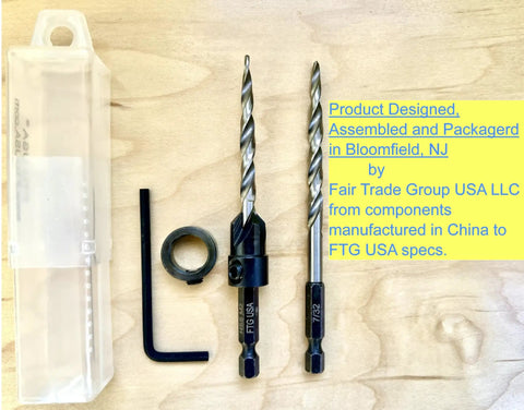 Number Twelve Seven Thirty Second Inch Tapered Countersink Drill Bit Set With Depth Stop Collar Spare Hex Shank Tool for woodworking.