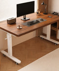 Forty Seven Inch Manual Standing Desk Heavy Duty Casters With Integrated Fast Charging Hub Usb Power Port Sweet Mobile Workspace Setup with wooden top and white legs.