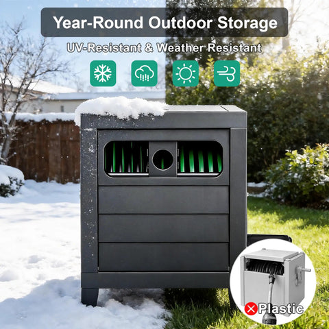 Heavy Duty 150 Ft 5/8 Inch Garden Hose Reel Box With Manual Crank in snow showing weather resistance
