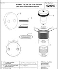 Product specification sheet for Tip Toe Bathtub Drain Trim Set With Two Hole Overflow Faceplate Replacement Bath Drain Kit.
