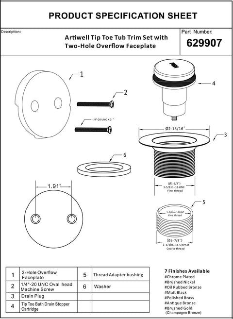Product specification sheet for Tip Toe Bathtub Drain Trim Set With Two Hole Overflow Faceplate Replacement Bath Drain Kit.