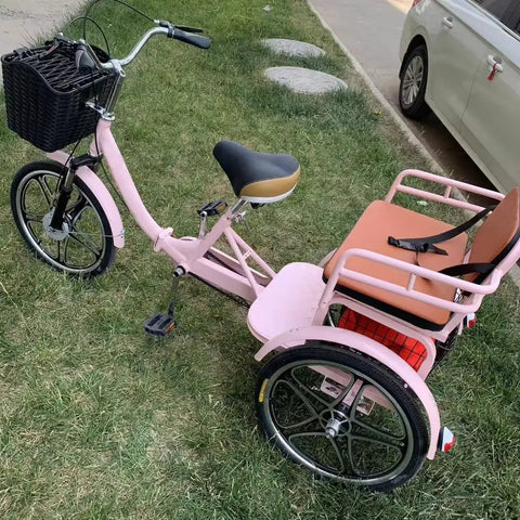 Hassle Free Fold Tandem Tricycle For Adults And Seniors With Rear Bucket Seat And Locking Safety Strap 20 Inch Front Wheel Heavy Duty Steel Frame Bright Pink Chill City Cruisers, side view with front basket.