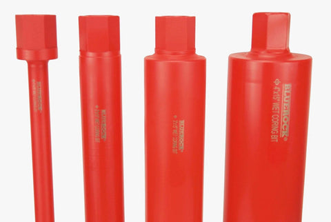 Four red BLUEROCK diamond wet core drill bits set with threaded shanks.