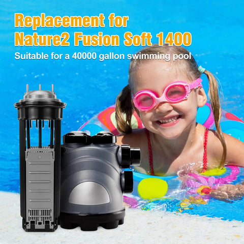 Replacement Cell Kit For Nature2 Fusion Soft FSOFT1400 with electrolysis cell next to girl swimming
