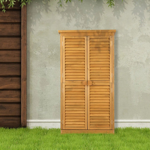 63 Inch Tall Wooden Outdoor Storage Cabinet With Two Lockable Doors Three Adjustable Shelves Waterproof Roof Weatherproof Garden Tools Shed For Yard Patio Deck Or Porch Natural Finish in backyard setting