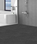 Bathroom with interlocking drainage floor tiles 50 piece set black 12 by 12 inch soft PVC mats with non slip drain holes installed