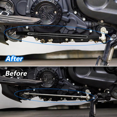 Black Shift Linkage For Indian Scout Motorcycles 2015 To 2024 Hussar Bobber And Scout Sixty Replacement Gear Shifter Rod With 1 Hole Slotted Style High Strength Precision Machined Direct Bolt On installed on Indian Scout engine