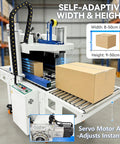 Full Automatic Double Flap Box Sealer With Servo Motor Self Adjusts To Carton Sizes Instantly For High Speed Logistics And Ecommerce Packaging Lines Handles Up To 1000 Boxes Per Hour Effortlessly, showing the machine with adaptive height and width settings.