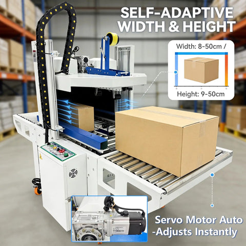 Full Automatic Double Flap Box Sealer With Servo Motor Self Adjusts To Carton Sizes Instantly For High Speed Logistics And Ecommerce Packaging Lines Handles Up To 1000 Boxes Per Hour Effortlessly, showing the machine with adaptive height and width settings.