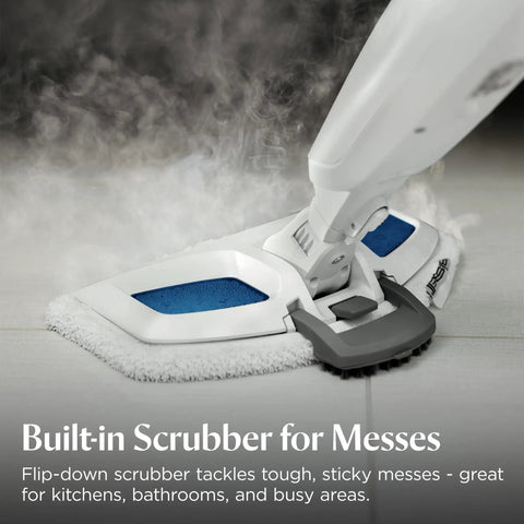 Heavy Duty Steam Mop With 12 Inch Sweeping Path For Hardwood And Tile Floors Featuring Built In Scrubber And Variable Steam Controls close-up of built-in scrubber with steam.