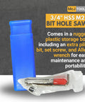 Three Quarter Inch HSS M2 Drill Bit Hole Saw Set with plastic box, pilot bit, set screw, and Allen wrench visible