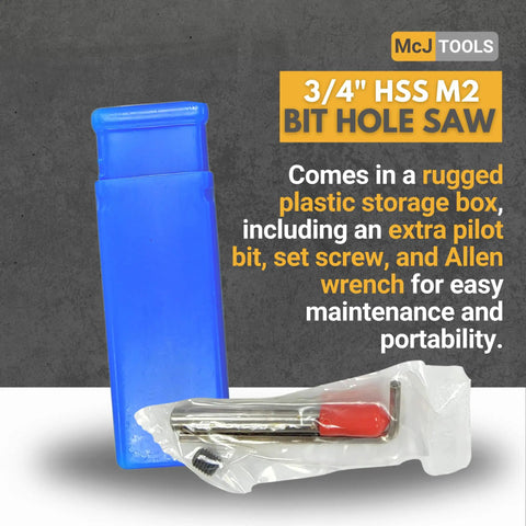 Three Quarter Inch HSS M2 Drill Bit Hole Saw Set with plastic box, pilot bit, set screw, and Allen wrench visible