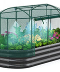 Self Watering Galvanized Raised Garden Bed Kit For Veggies Herbs And Flowers With Mesh Cover In A Large Oval Metal Outdoor Planter Box Six Foot By Three Foot By One Foot