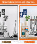 Comparison of messy vs. organized room with Rustic Wood Wall Mount Broom Mop Holder Organizer With 3 Racks And 4 Hooks.