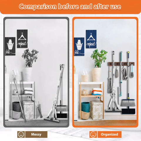 Comparison of messy vs. organized room with Rustic Wood Wall Mount Broom Mop Holder Organizer With 3 Racks And 4 Hooks.