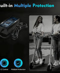 54.6V Fast Charger With XLR Plug For 13S 48V Lithium Batteries next to two women on electric scooters, built-in protections displayed