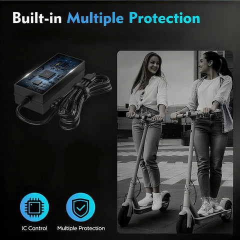 54.6V Fast Charger With XLR Plug For 13S 48V Lithium Batteries next to two women on electric scooters, built-in protections displayed