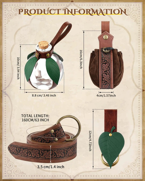 Product information for Rad Renaissance Belt Kit including dimensions of leather pouch, flask, and belt components.
