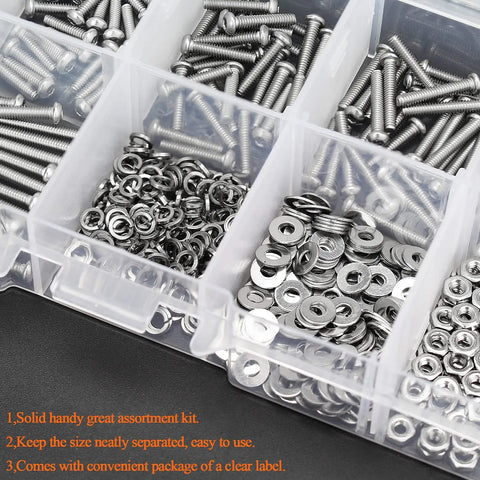 Hella Durable 304 Stainless Steel M2 Screw Set With 420 Pieces Assorted Hex Button Head Cap Bolts Nuts And Washers From 6mm To 20mm in organized case.