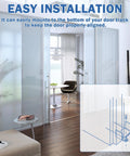 2 Pack Sliding Closet Door Floor Guides For 1 3 8 Inch Doors White Includes 8 Screws N 6565 Replacement Part Durable Easy Install Kit For Smooth Operation And Long Lasting Performance, showing installation diagram and living room with sliding doors.