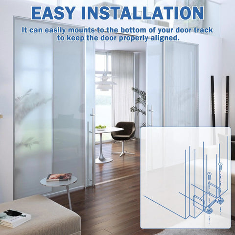 2 Pack Sliding Closet Door Floor Guides For 1 3 8 Inch Doors White Includes 8 Screws N 6565 Replacement Part Durable Easy Install Kit For Smooth Operation And Long Lasting Performance, showing installation diagram and living room with sliding doors.