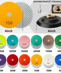 13 Pack 4 Inch Diamond Polishing Pads With Five Eighths Inch 11 Backer Pad Wet Dry Kit showing various grits for stone surfaces