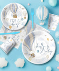 Blue Hot Air Balloon Baby Shower Tableware Set for Boy Disposable Plates Cups Napkins and Cutlery Serves 24 Adventure Awaits Theme Party Supplies for the Baby Shower Celebration. Shown are plates, cups, and napkins with balloon design.