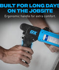 Compact 10 Oz Rodless Caulk Gun For Tight Spaces With 7 To 1 Thrust Ratio And Belt Clip in hand with ergonomic handle