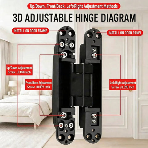 Heavy Duty 6 Inch Zinc Alloy Hidden Door Hinges Black 2 Pack Built Tough One Piece Die Cast Construction Rust Resistant Finish Supports 88 To 95 Pounds Per Pair Ideal For Interior Doors Cabinets And More, shown in adjustable hinge diagram with adjustment screws marked for installation on door frame and panel in bedroom setting.