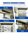 Heavy Duty 7 Pack Overhead Garage Storage Rack for Six Bins, installed in garages, workshops, basements, and sheds
