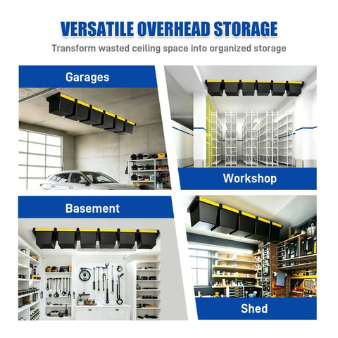 Heavy Duty 7 Pack Overhead Garage Storage Rack for Six Bins, installed in garages, workshops, basements, and sheds