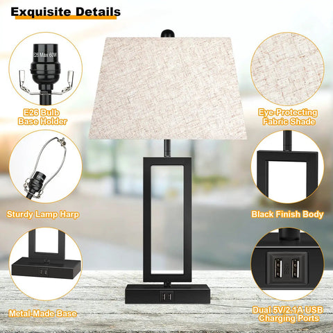 Set Of 2 Touch Control Table Lamps With USB Ports, 3-Way Dimmable Bedside Nightstand Lights For Bedroom And Living Room, Modern Fabric Shade Table Lamps With LED Bulbs Included
