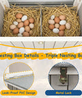 Wooden Chicken Coop On Wheels For Easy Backyard Mobility shown with nesting boxes, eggs, PVC design, and metal lock detail.