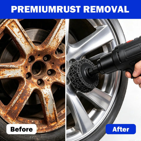 Wheel Hub Resurfacing Kit With Six Cleaning Pads For Rust Removal On Lug Studs And Brake Rotors, Before and After Image