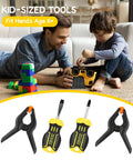Adult and child assembling with kids tool set, includes clamps and screwdrivers below, designed for ages 6 with real metal tools.