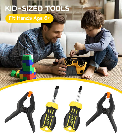 Adult and child assembling with kids tool set, includes clamps and screwdrivers below, designed for ages 6 with real metal tools.