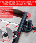 Heavy Duty Table Saw Miter Gauge Featuring A Rock Solid 21 To 38 Inch Extending Aluminum Fence And Micro Adjust Flip Stop With 13 Angle Stops For Bullseye Crosscuts And Smooth Sliding Performance with adjustable gap for table saw slot.