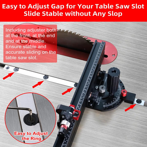 Heavy Duty Table Saw Miter Gauge Featuring A Rock Solid 21 To 38 Inch Extending Aluminum Fence And Micro Adjust Flip Stop With 13 Angle Stops For Bullseye Crosscuts And Smooth Sliding Performance with adjustable gap for table saw slot.