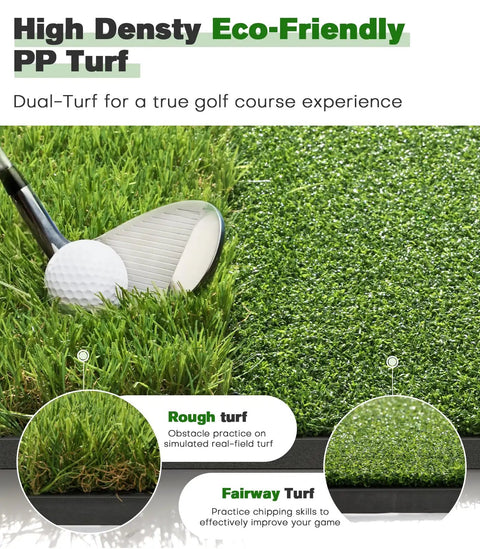 Golf club and ball on a Premium Dual Turf Golf Mat For Backyard And Driving Range Indoor And Outdoor Practice 5 By 4 Feet.