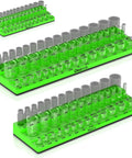 Magnetic Socket Organizer For One Quarter, Three Eighths And One Half Inch Drive SAE Sockets, Holds Up To One Hundred Twenty Three Sockets, Green Gearhead Must Have For A Clean, Streamlined Workshop with socket holders on a green tray.