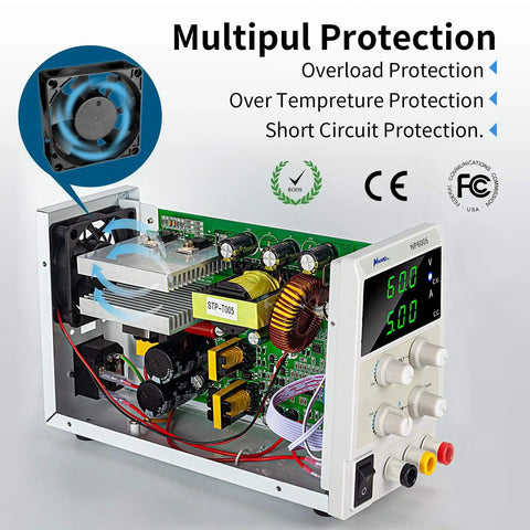 Inside view of Variable DC Power Supply 60V 5A Bench Lab Power Supply with 3 Digit LED Display showing internal components