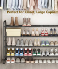 Go-To Long Four Tier Metal Shoe Rack Storage Organizer For Closet, Entryway And Bedroom, filled with various shoes.
