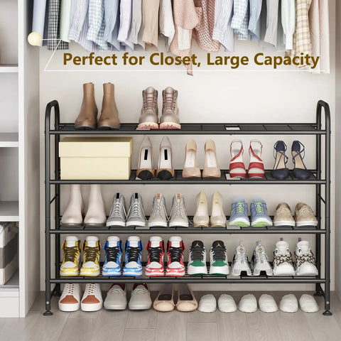 Go-To Long Four Tier Metal Shoe Rack Storage Organizer For Closet, Entryway And Bedroom, filled with various shoes.
