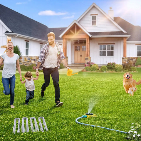 Family in garden with Tough As Nails Heavy Duty Galvanized 5 Inch Lawn Staples 11 Gauge U Shaped Ground Spikes set in grass