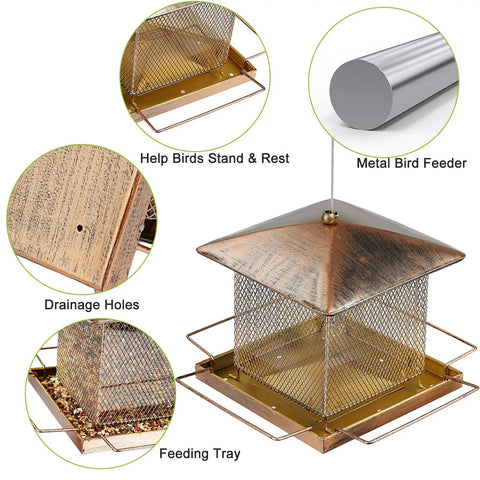 Built Tough Outdoor Hanging Bird Feeder With Waterproof Metal Build, Large 3.5Lb Capacity, Retro Oriental Style With Copper Detail