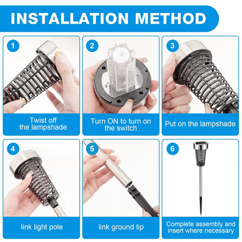 Installation steps for 4 Pack Solar Bug Zapper Outdoor Waterproof Mosquito Killer Lamp with LED Light for garden use.